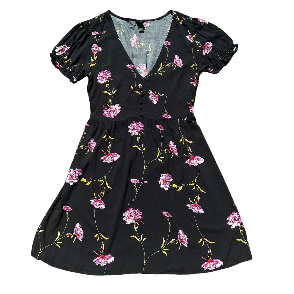 Wild Fable Black Pink Floral Babydoll Mini Dress Size Small Coquette Soft Girl - Picture 1 of 9